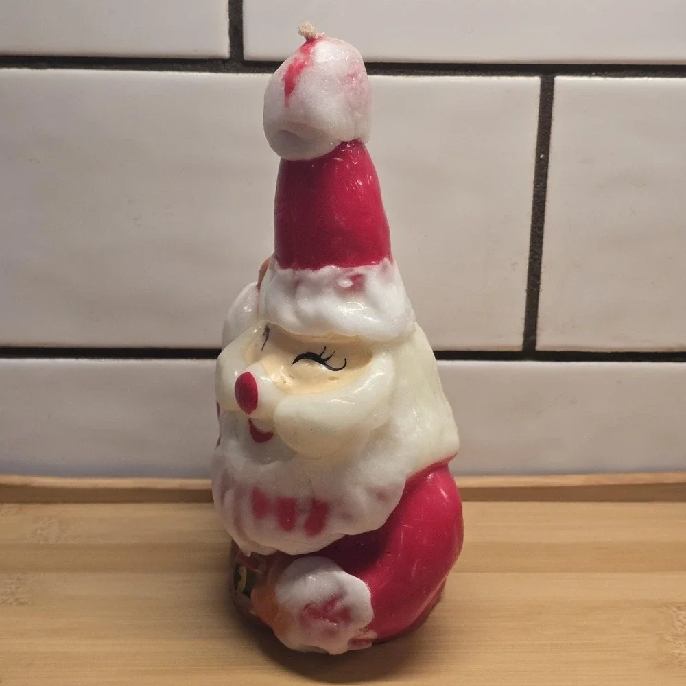 Vintage Winking Santa Clause Red White Christmas Novelty Wax Candle 7.5